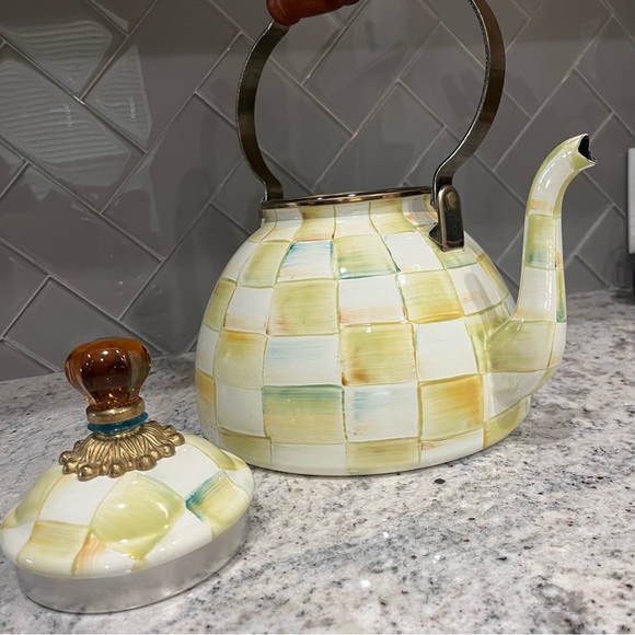 MacKENZIE CHILDS 3QT PARCHMENT CHECK TEA KETTLE - Picture 9 of 12